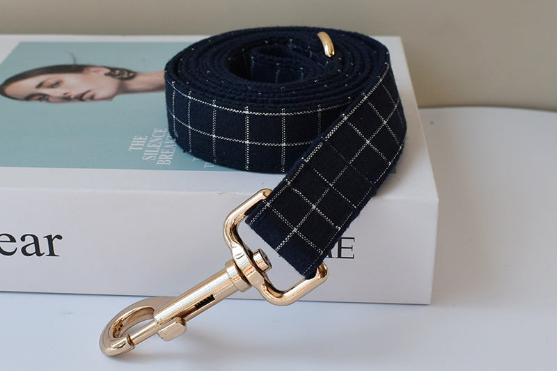 Trendy Navy Blue Checks: Personalized Collar And Leash set