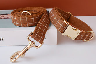 Brown And White Checks In Style:  Personalized Collar and Leash Set - CurliTail