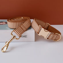 Brown And White Checks In Style:  Personalized Collar and Leash Set - CurliTail