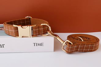 Brown And White Checks In Style:  Personalized Collar and Leash Set - CurliTail