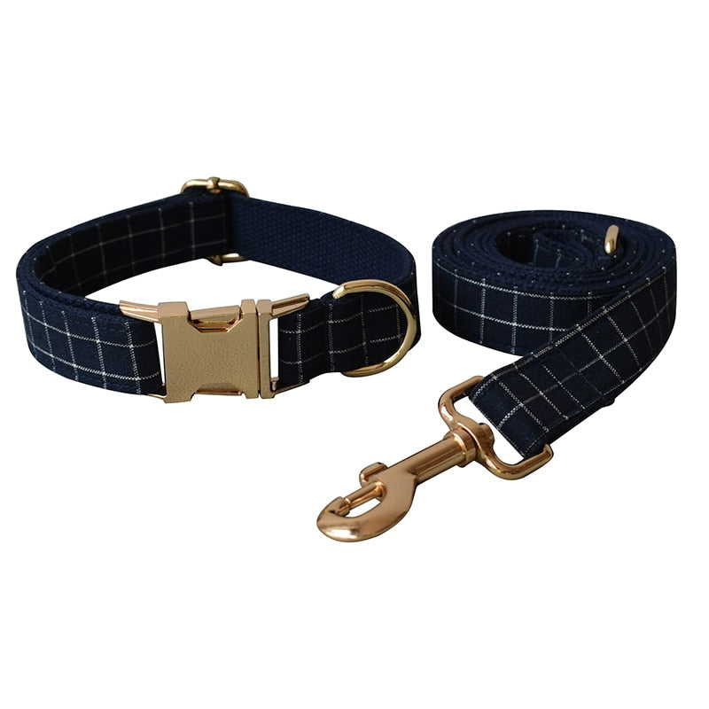 Trendy Navy Blue Checks: Personalized Collar And Leash set
