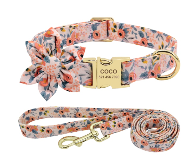Floral Dog Collars Dog ID Collars Leash Set Personalized Dog Collars  Wedding dog collars Curlitail
