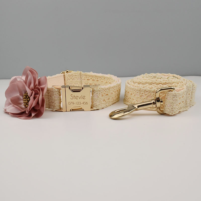 Lace Collar With Pink Flower: Free Engrave Dog Collar Leash Set - CurliTail