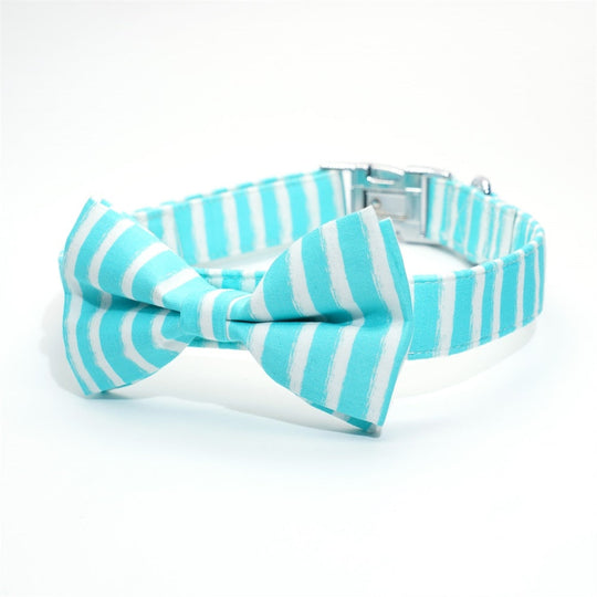 Blue And White Classy Stripes Bow Collar And Leash Set: Personalized - CurliTail