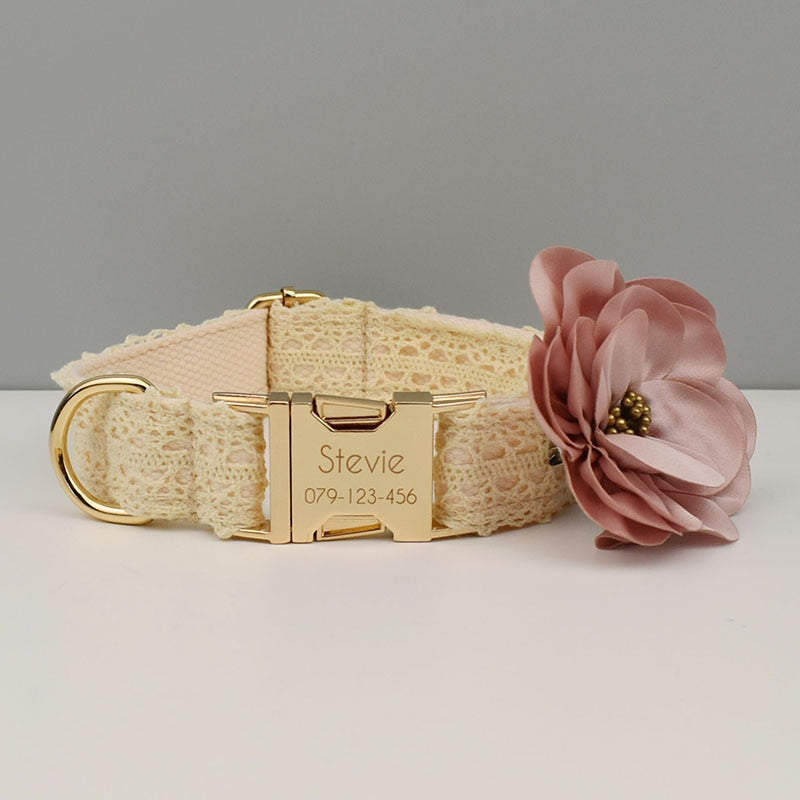Lace Collar With Pink Flower: Free Engrave Dog Collar Leash Set
