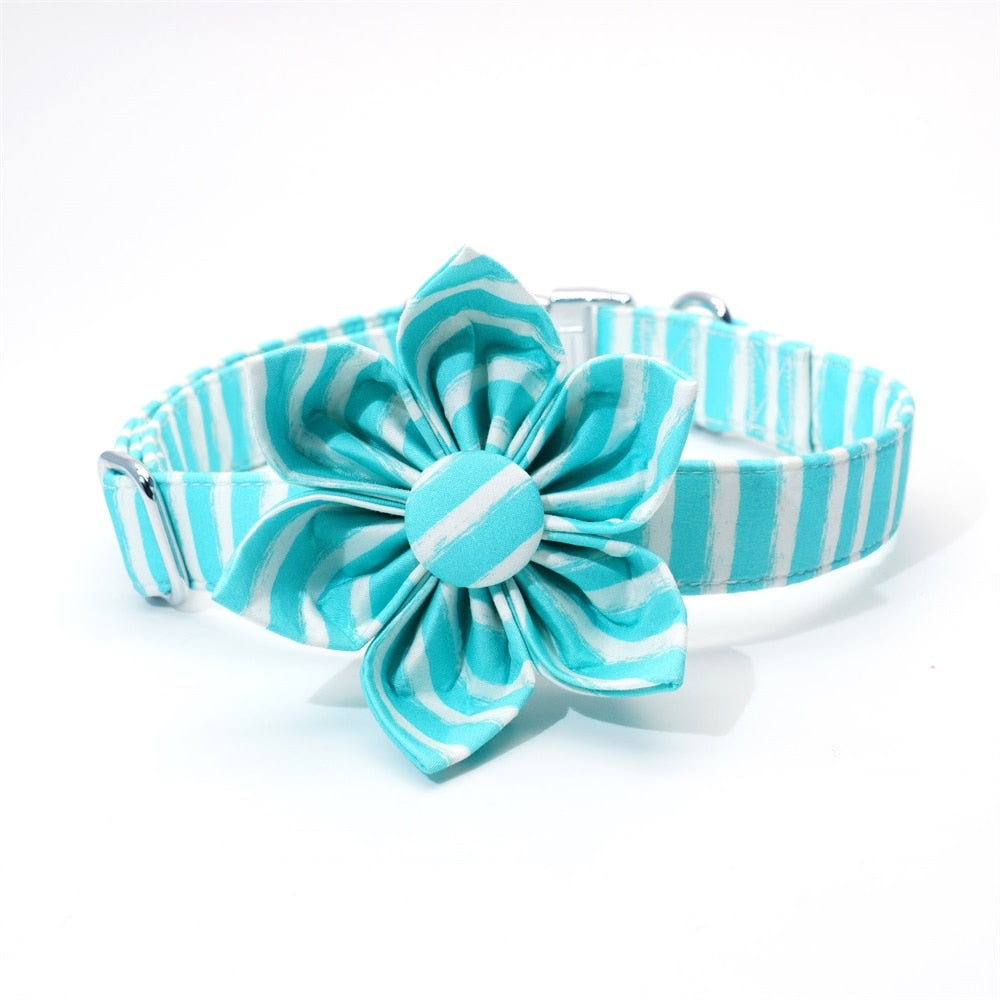 Blue And White Classy Stripes Flower Collar And Leash Set: Personalized