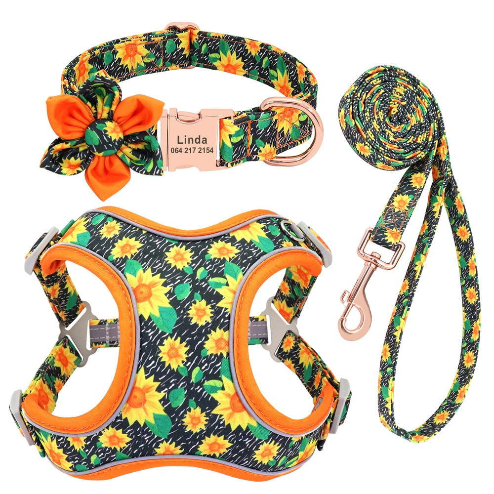 Bright Florals Set: Personalized Collar, Leash And Harness