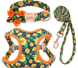 Bright Florals Set: Personalized Collar, Leash And Harness