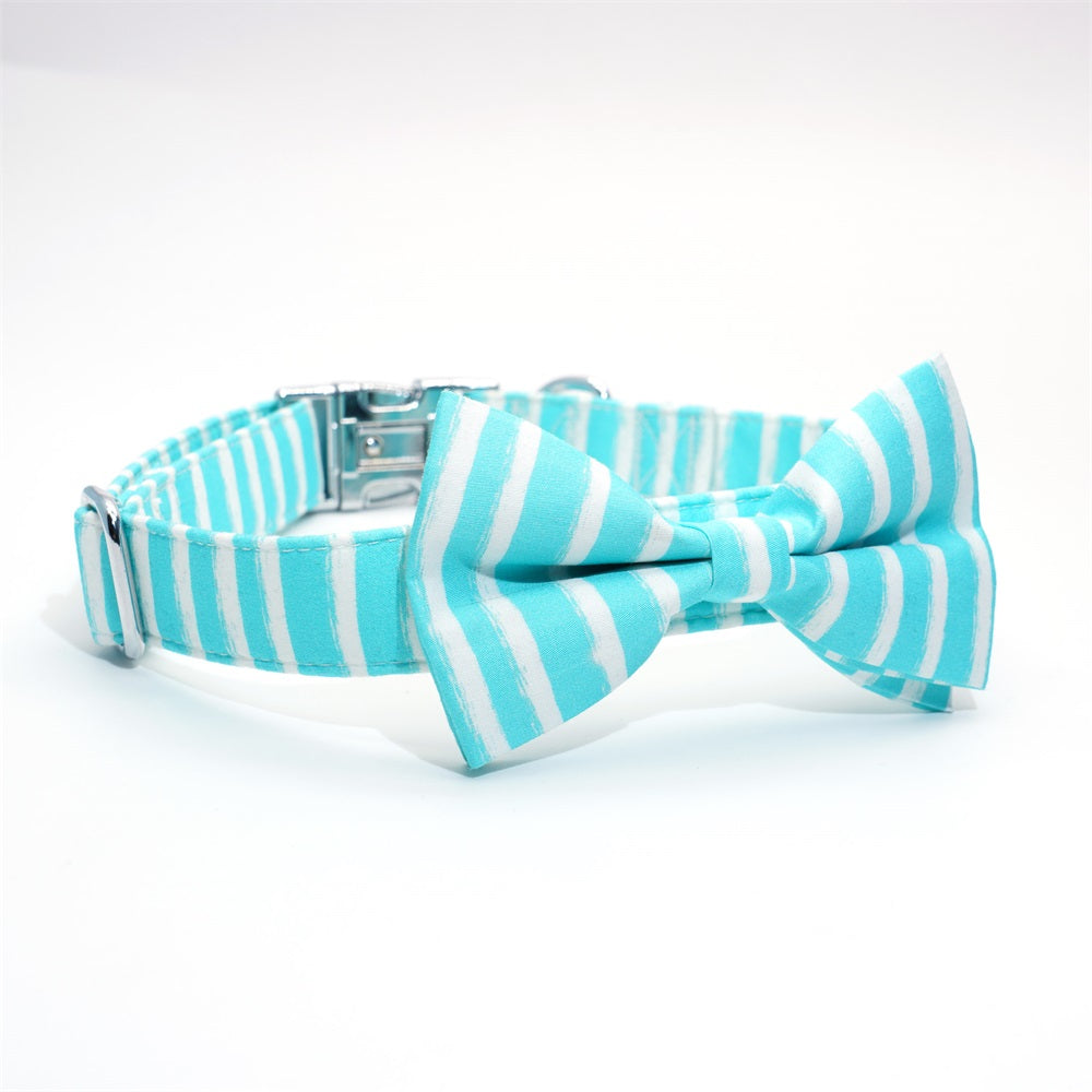 Blue And White Classy Stripes Bow Collar And Leash Set: Personalized - CurliTail