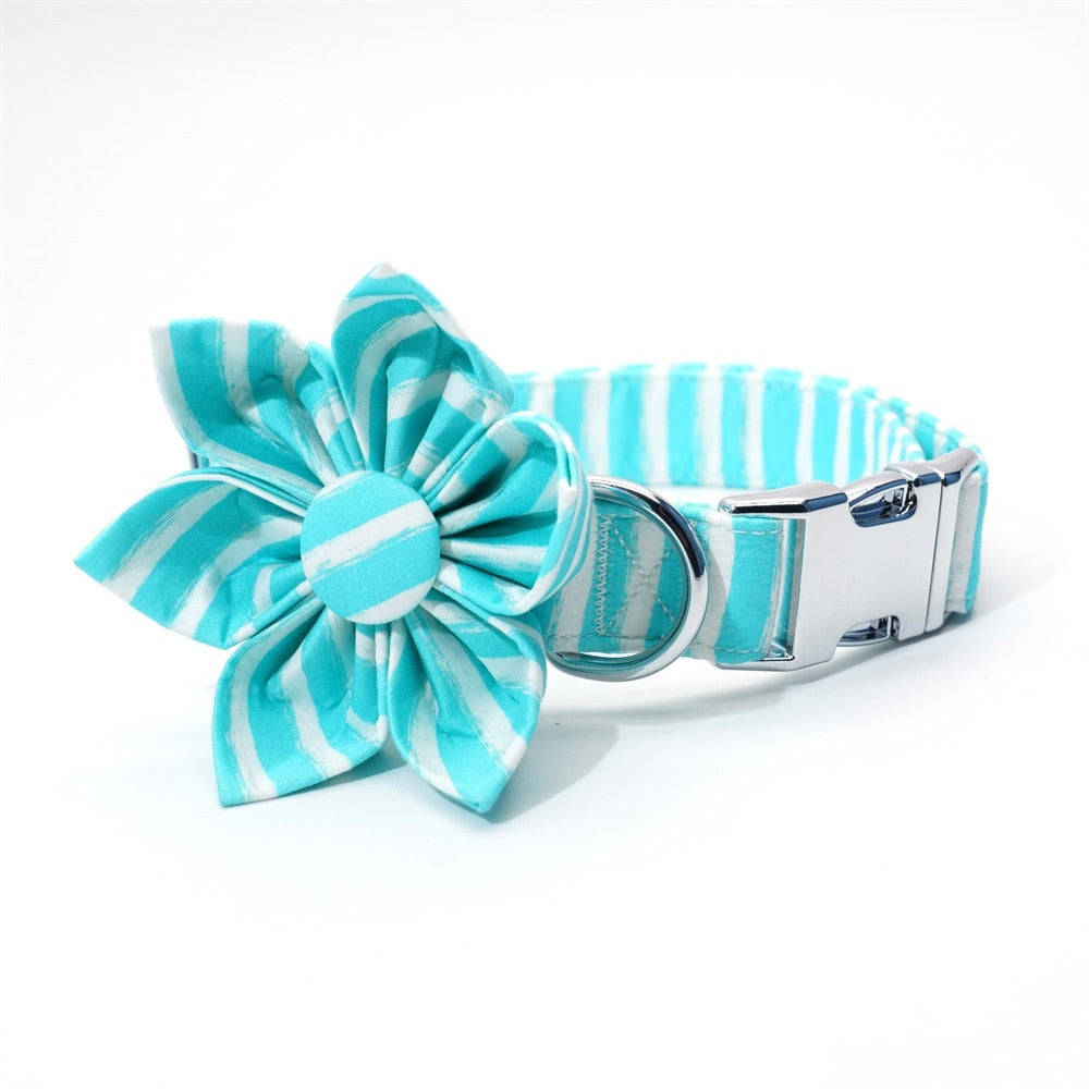 Blue And White Classy Stripes Flower Collar And Leash Set: Personalized - CurliTail