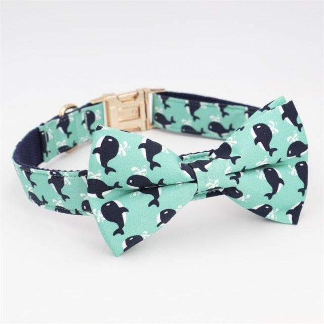 Whale Dog Collar Bow Collar Leash Set | Personalized