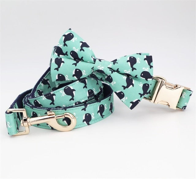 Whale Dog Collar Bow Collar Leash Set | Personalized