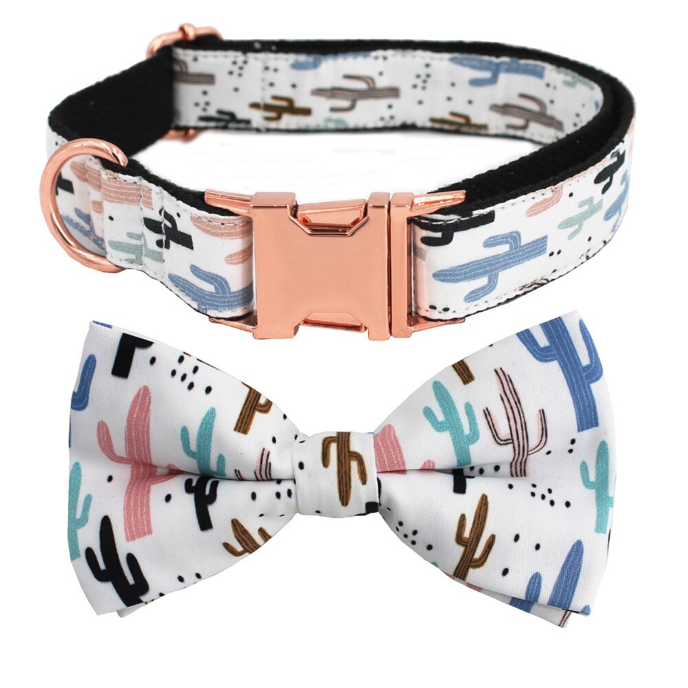 Cactus Personalized Laser Engraved Dog Collar bow tie And Leash - CurliTail