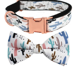 Cactus Personalized Laser Engraved Dog Collar bow tie And Leash