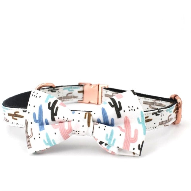 Cactus Personalized Laser Engraved Dog Collar bow tie And Leash