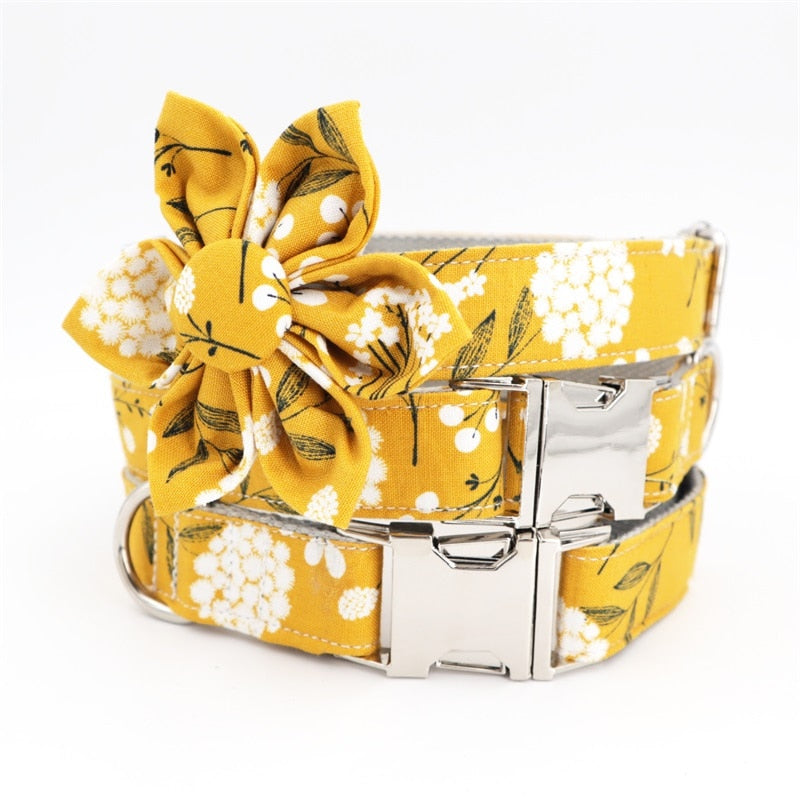 Trendy Mustard Yellow Floral Flower Collar |  Personalized Dog ID Collars