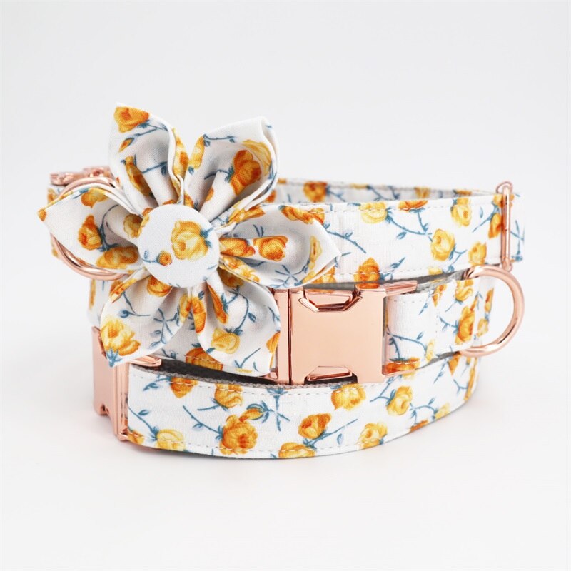 Free Engraving | Personalized Flower Dog ID Collars Leash Set | Yellow Floral Flower Dog ID Collar