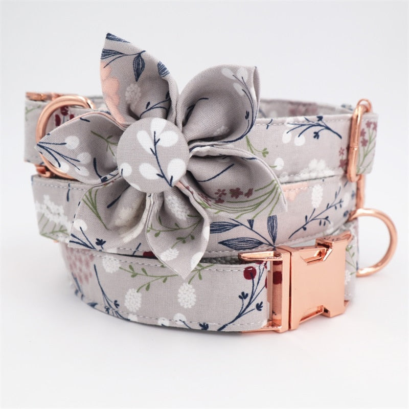 Grey Floral Flower Dog Collar And Leash
