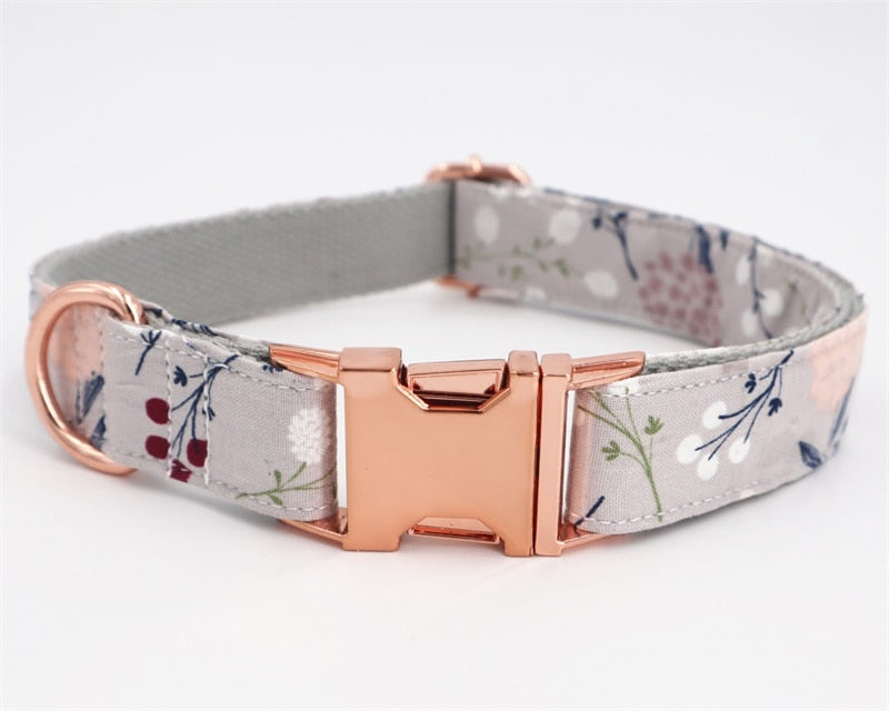 Grey Floral Flower Dog Collar And Leash