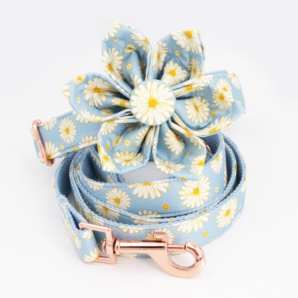 Blue Daisy Personalized Dog ID Collar | Flower Collar and Leash Set 