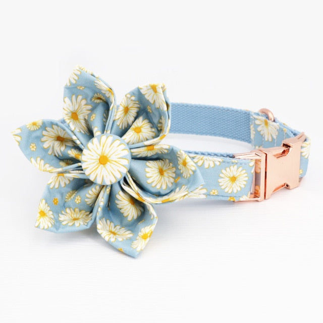 Blue Daisy Personalized Dog ID Collar | Flower Collar and Leash Set 