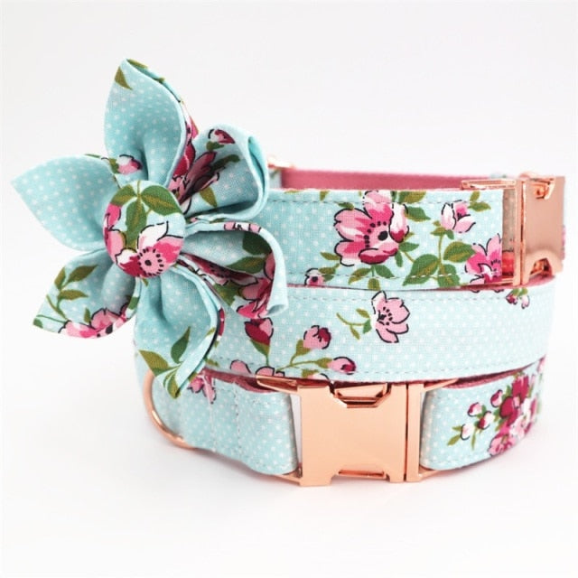Blue Pinks Floral Flower Collar And Leash Set |Personalized - CurliTail