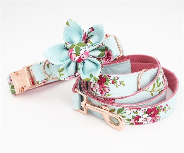 Blue Pinks Floral Flower Collar And Leash Set |Personalized