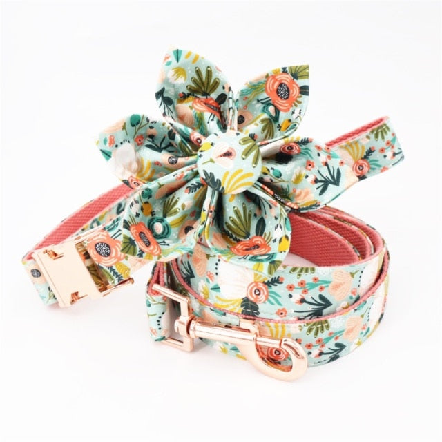 Green Flower Designer Pet ID Collar And Leash| Personalized