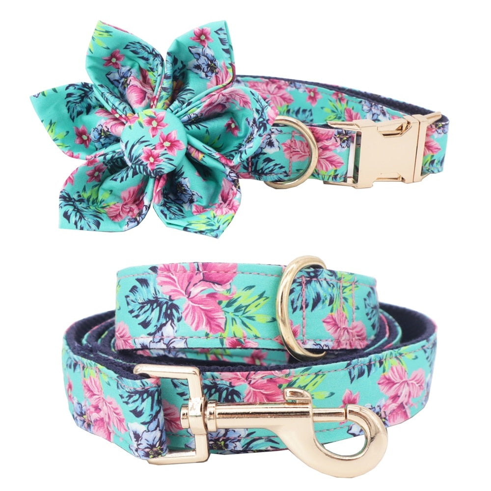 Blue Pink Floral Personalized Flower Dog Collar Leash Set - CurliTail
