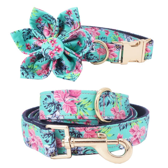 Blue Pink Floral Personalized Flower Dog Collar Leash Set