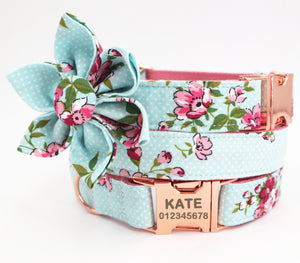 Blue Pinks Floral Flower Collar And Leash Set |Personalized