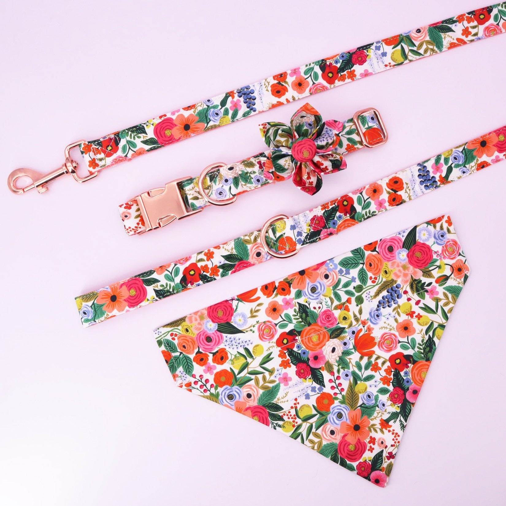 Magical Florals: Personalized SET: Bow And Flower Collar, Bandana, Harness And Leash