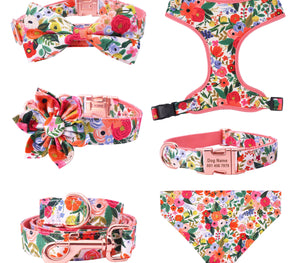Magical Florals: Personalized SET: Bow And Flower Collar, Bandana, Harness And Leash