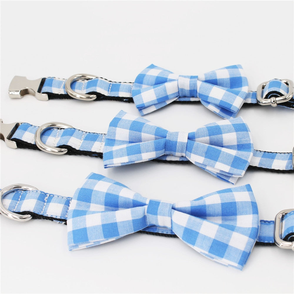 Blue Checks And Stripes: Personalized Pet Collars And Leash Sets.