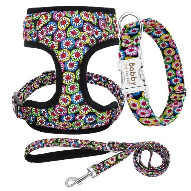 Nylon Printed Dog Collar Leash Harness Set: Personalized