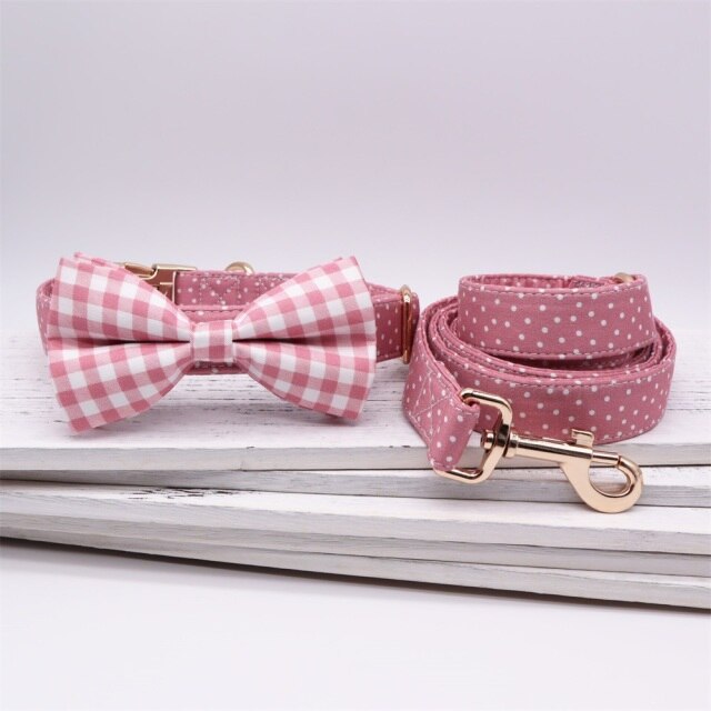 Pink Polka Dots Bow Collar And Leash Set: Personalized - CurliTail