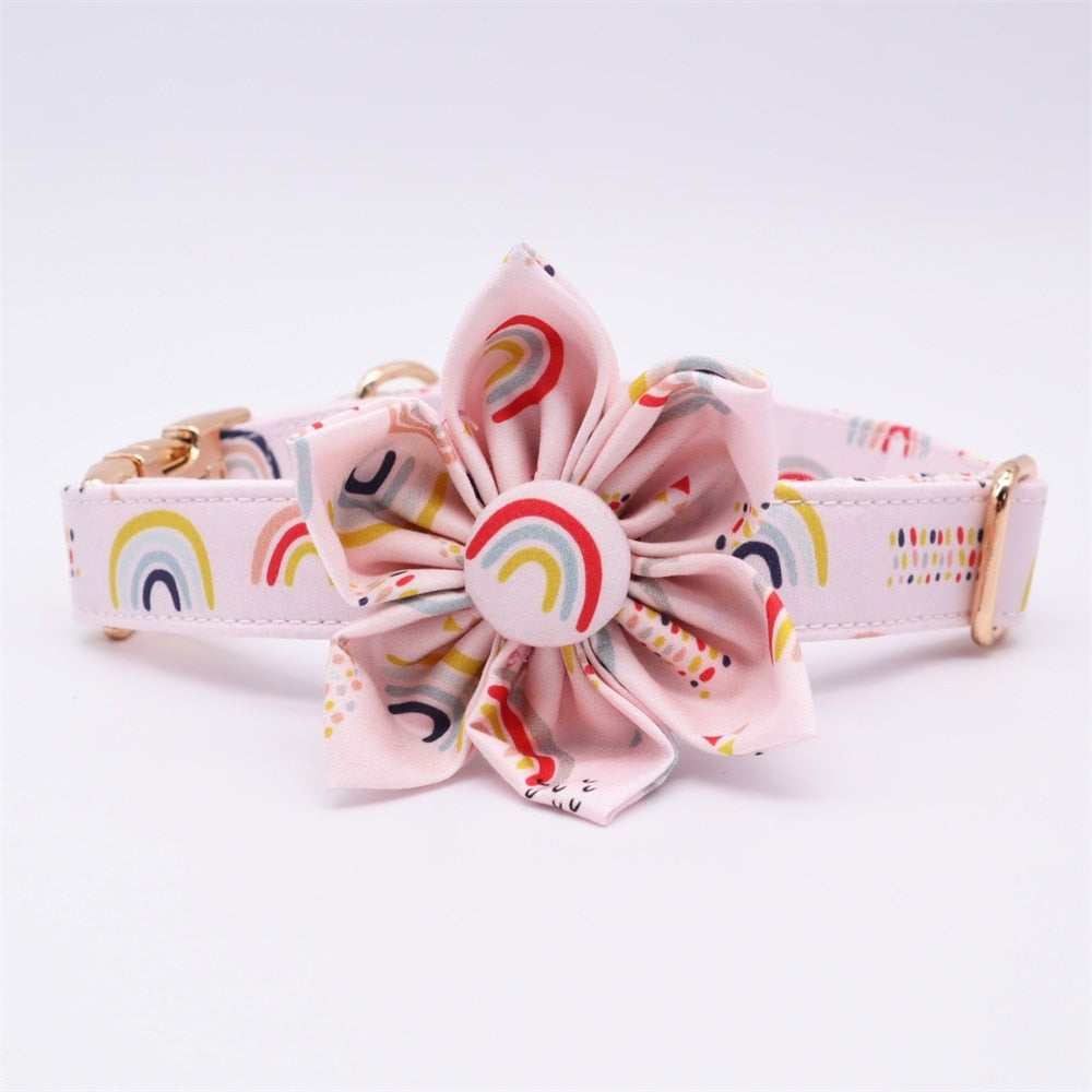 Rainbow Dot Flower Collar with Rose Gold Metal Buckle: Personalized ID Collar