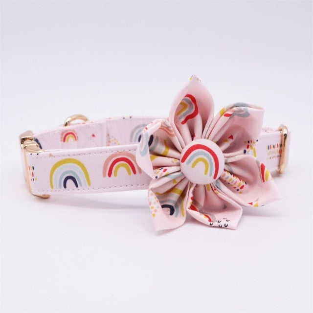 Rainbow Dot Flower Collar with Rose Gold Metal Buckle: Personalized ID Collar