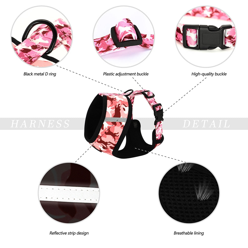 Camouflage Pet Collar Harness Leash Set: Personalized Pink Set