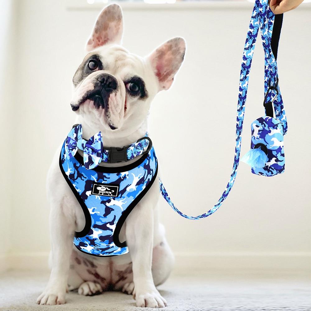 Camouflage Pet Collar Harness Leash Set: Personalized Blue Set