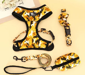 Camouflage Pet Collar Harness Leash Set: Personalized Yellow Set