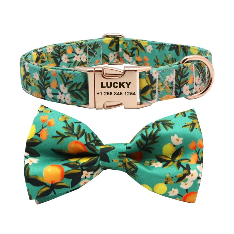 Lemon And Leaves: Personalized Bow Collar And Leash - CurliTail