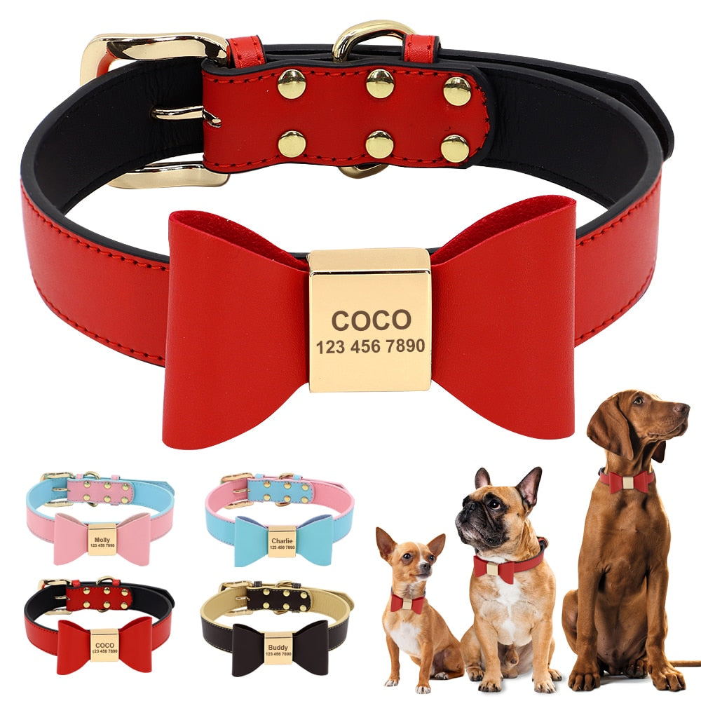 Leather And Bow Personalized Collars - CurliTail