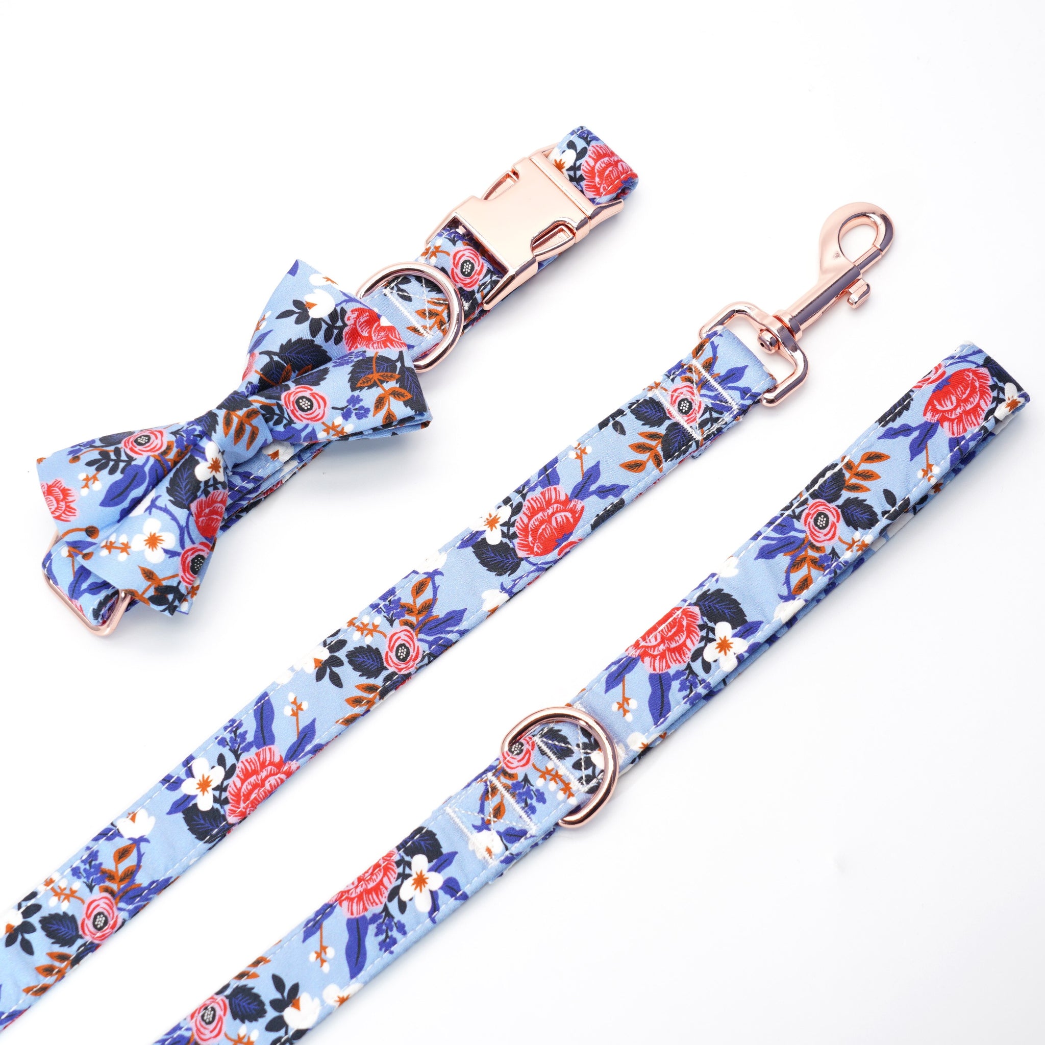 Spring Floral Blue Bow Collar and Leash Set | Personalized - CurliTail