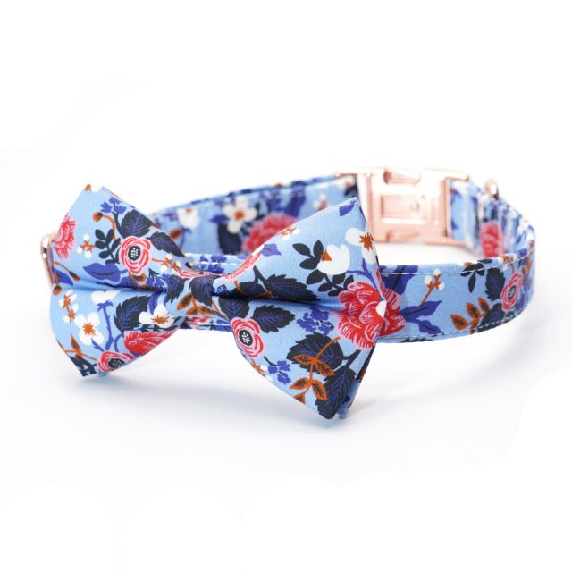 Spring Floral Blue Bow Collar and Leash Set | Personalized