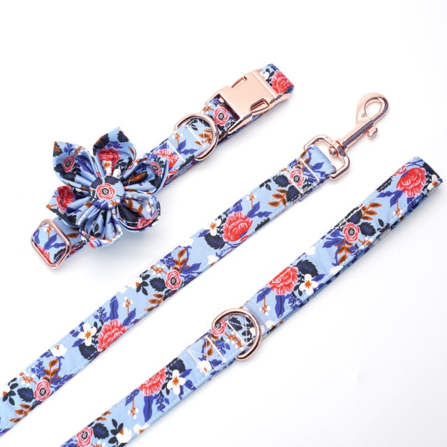 Spring Floral Blue Flower Collar and Leash Set | Personalized - CurliTail