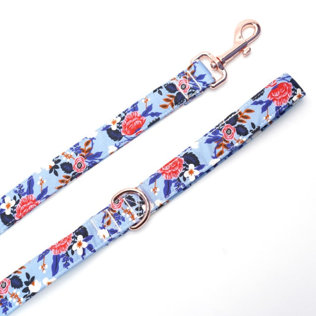 Spring Floral Blue Bow Collar and Leash Set | Personalized