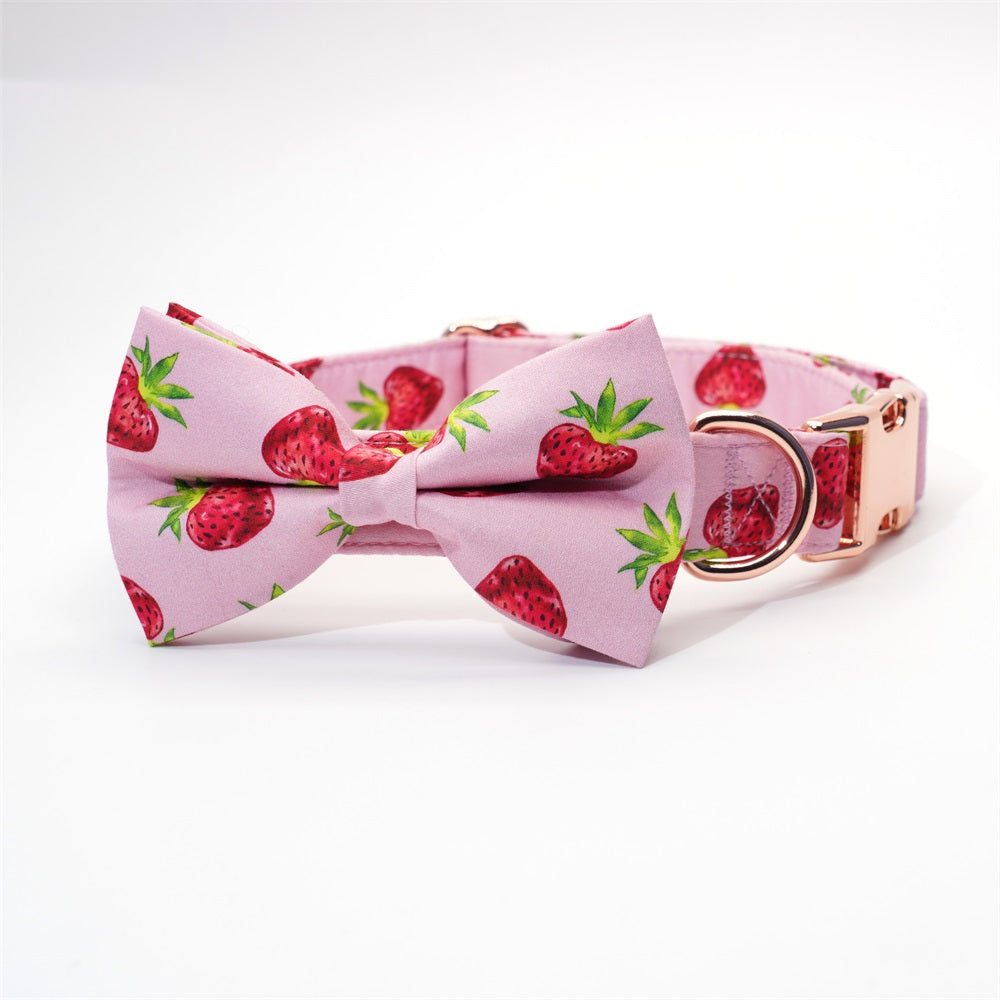 Rosy Pink Strawberry Bow Collar and Leash Set | Personalized - CurliTail