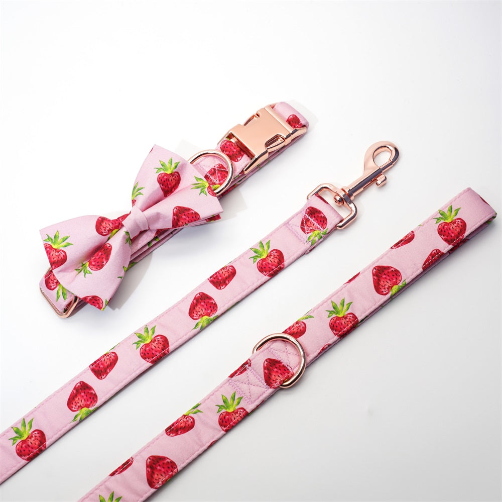 Rosy Pink Strawberry Bow Collar and Leash Set | Personalized - CurliTail