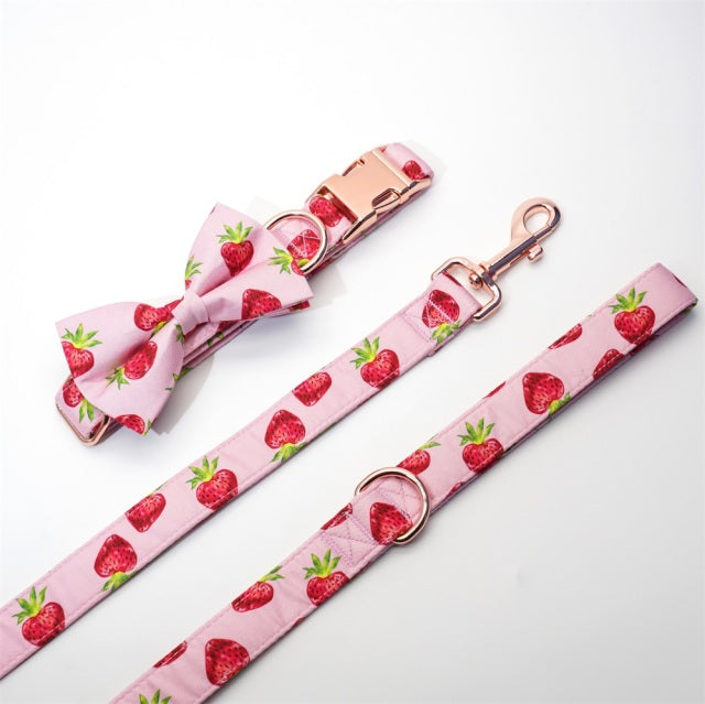 Rosy Strawberries Set: Personalized Collar, Leash, Harness and Bandana